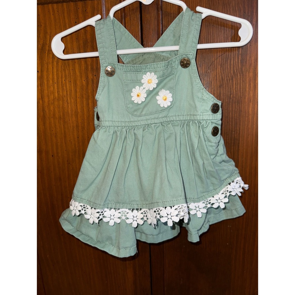 Daisy Fuentes Girls Sage Green Daisy Embroidered Lace Trim Pinafore Dress 3-6M